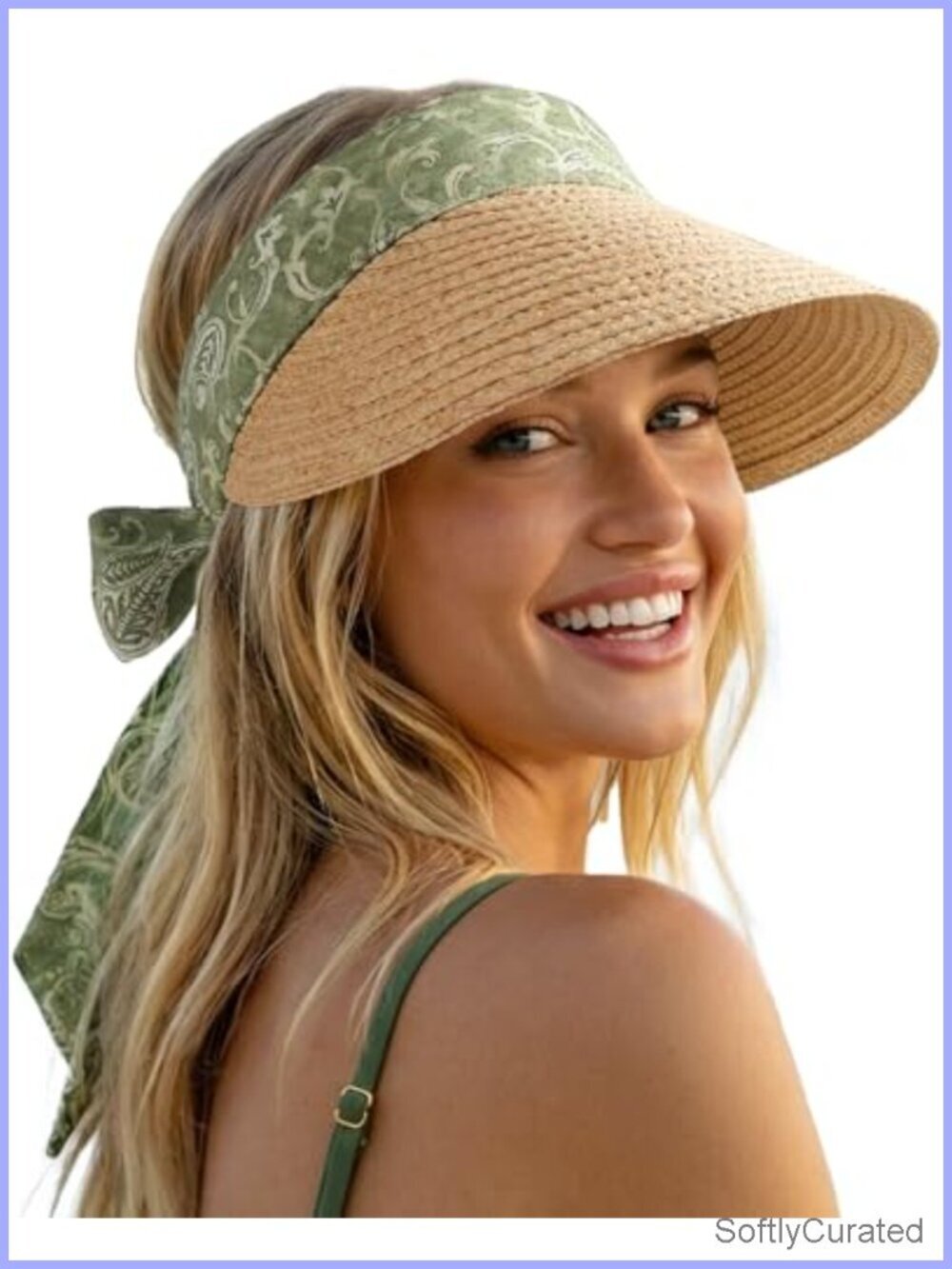 Straw Sun Hat with Bow Ribbon Packable Adjustable Visor for Women